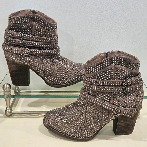 Women's Very G Rhinestone Studded Zip Up Buckles Bootie Size 8.5 Taupe - Picture 1 of 8
